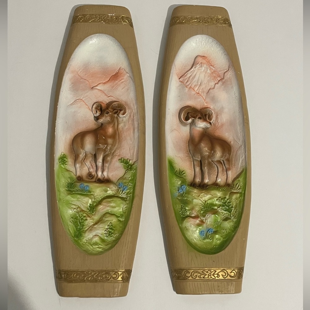 Chalkware Plaques Sheep Girotti Bighorn 1971 Ram Vintage Home Cabin Wall Decor